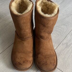 UGG Chestnut Suede Short Boot with Shearling Trim